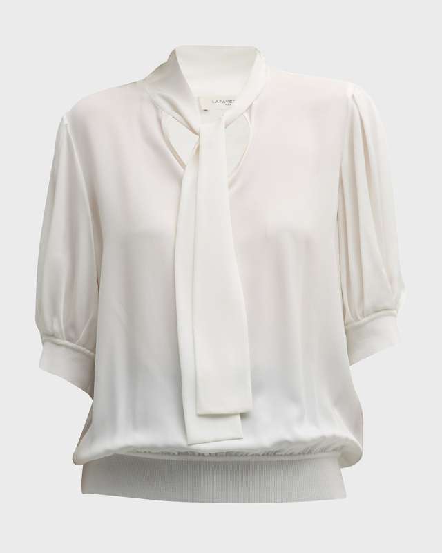 Pleated Elbow-Sleeve Tie-Neck Blouse