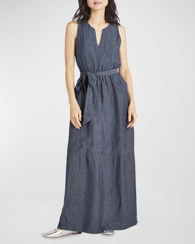 Stella Sleeveless Tie-Belt Linen Maxi Dress