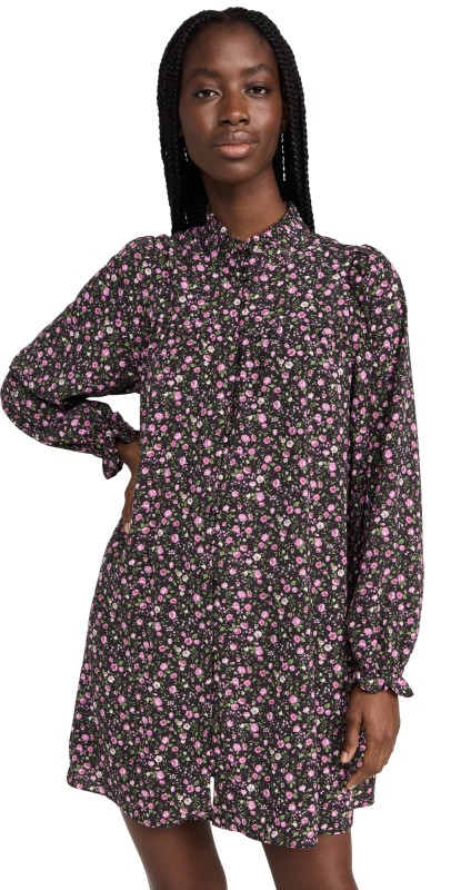 English Factory Floral Button Detail Mini Dress Black Multi