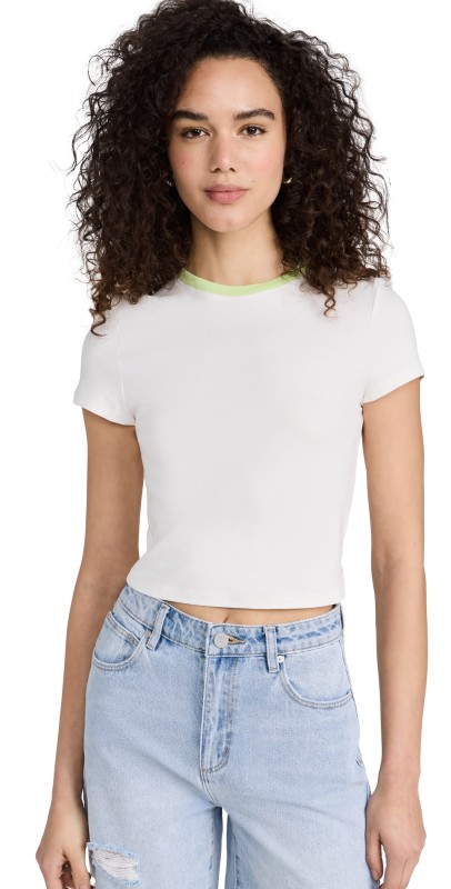 alice + olivia Tashia Ringer Baby Tee Off White/Sharp Green