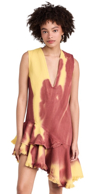 Marques Almeida Drill Tie Dye V Neck Dress Yellow/Burgundy