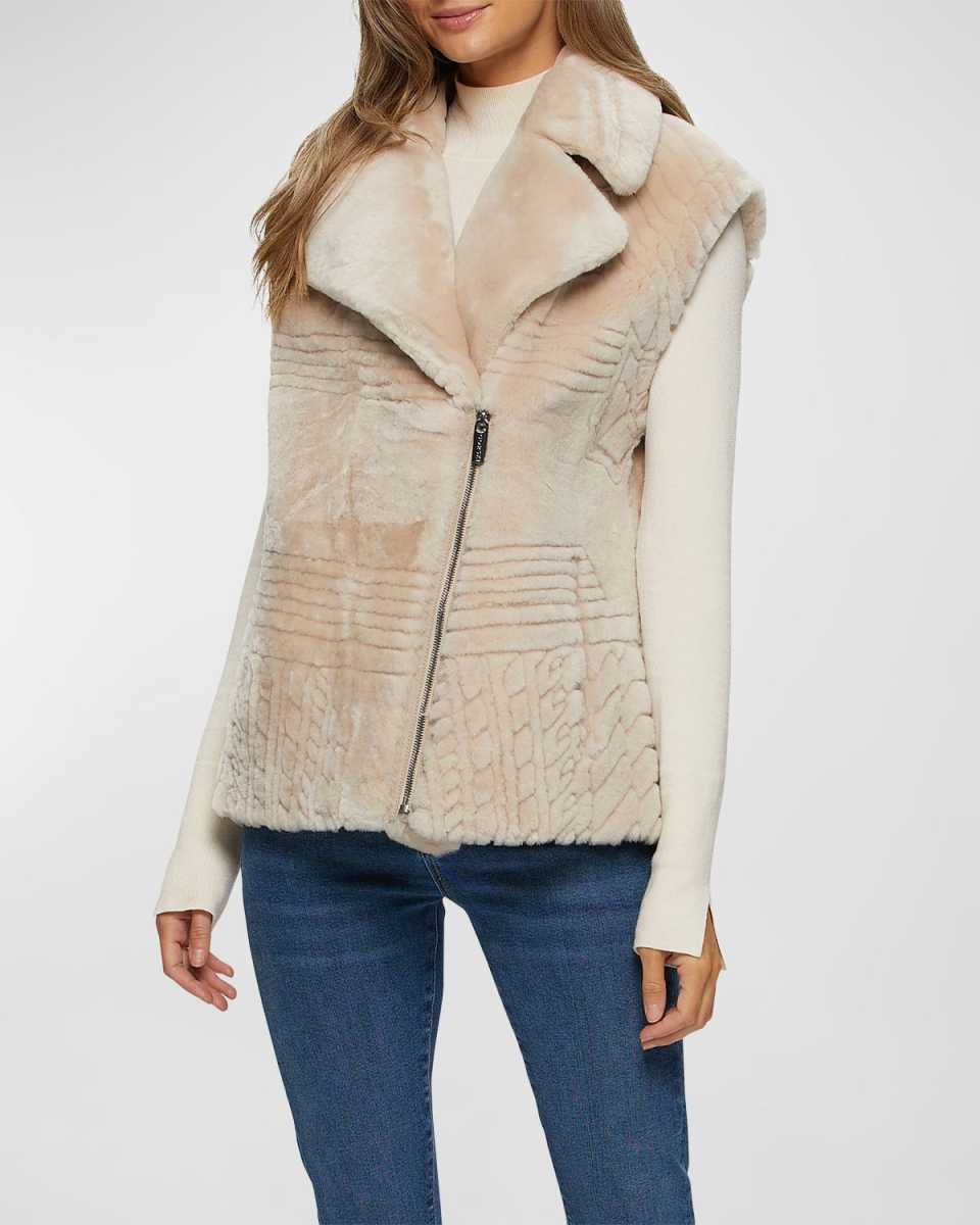 Grooved Shearling Lamb Zip Moto Vest