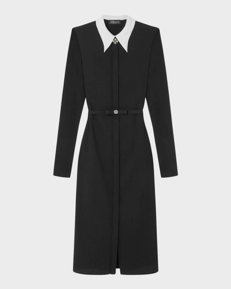 Contrast-Collar Belted Viscose Sable Stretch Midi Shirtdress