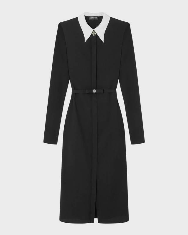 Contrast-Collar Belted Viscose Sable Stretch Midi Shirtdress