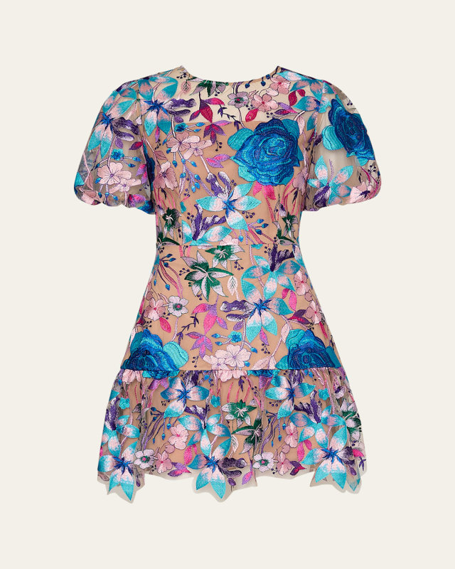 Yasmin Floral-Embroidered Mesh Mini Dress