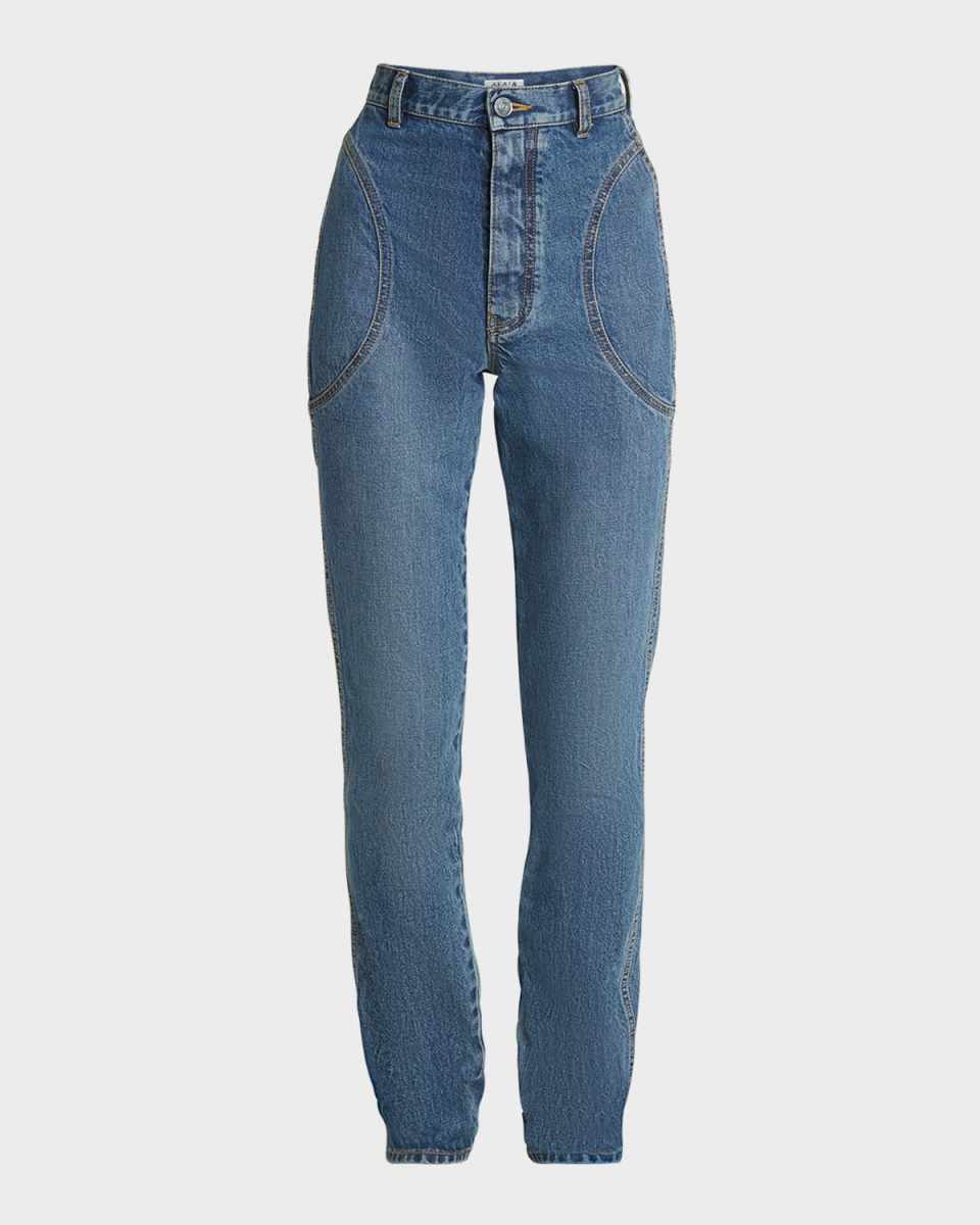 High-Rise Circle-Yoke Slim-Leg Denim Pants