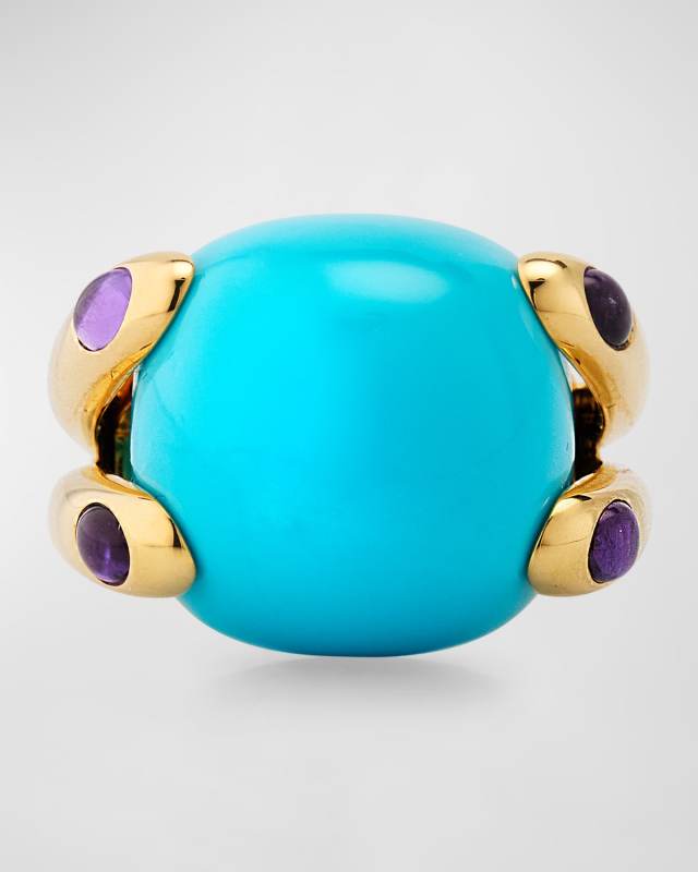 18K Yellow Gold Turquoise and Amethyst Candy Ring