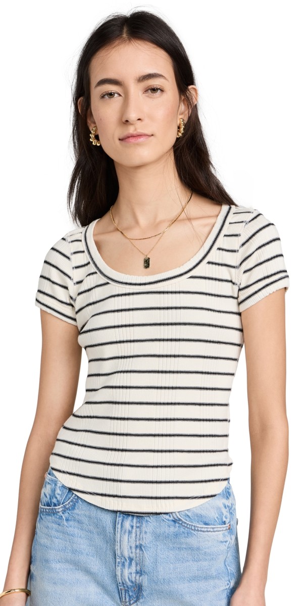 MOTHER The Itty Bitty Scoop Tee Black and White Stripe