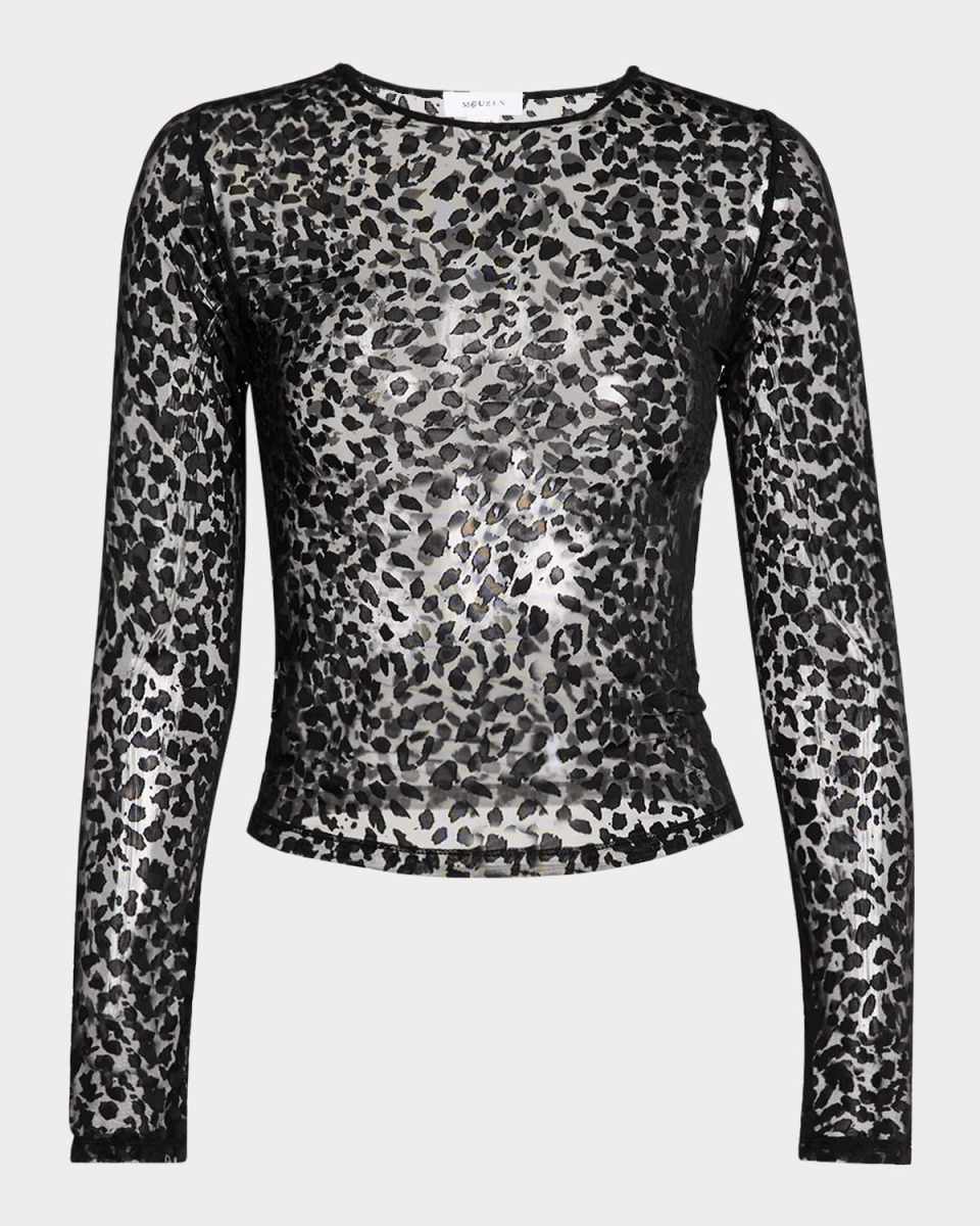 Cheetah-Print Mesh Long-Sleeve Top