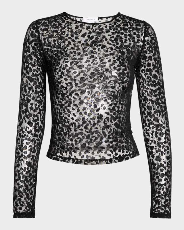Cheetah-Print Mesh Long-Sleeve Top