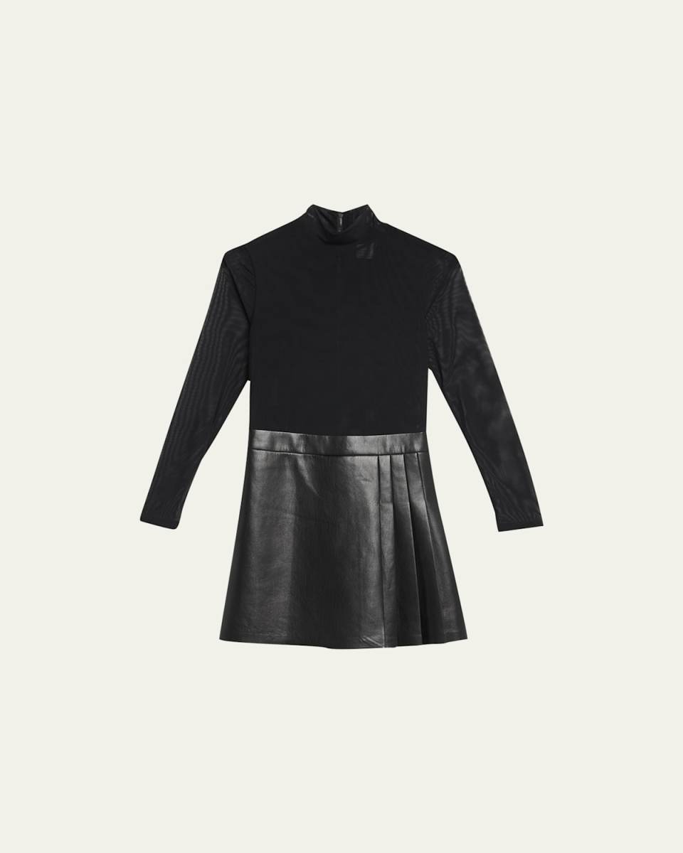 Chara Long-Sleeve Vegan Leather Pleated Mini Dress