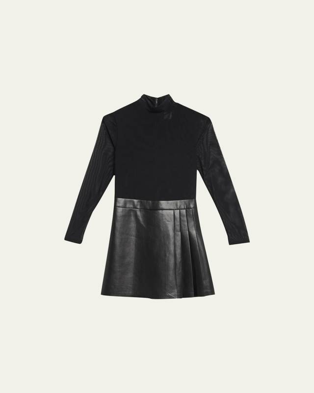 Chara Long-Sleeve Vegan Leather Pleated Mini Dress