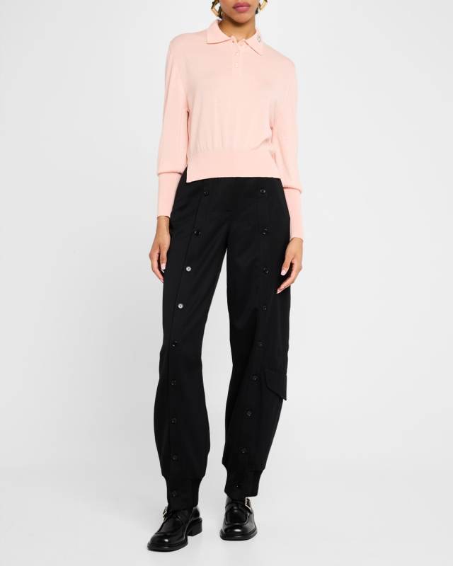 Embellished Merino-Silk Knit Polo Sweater