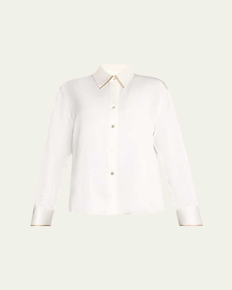 Tipped Slim Long-Sleeve Silk Blous