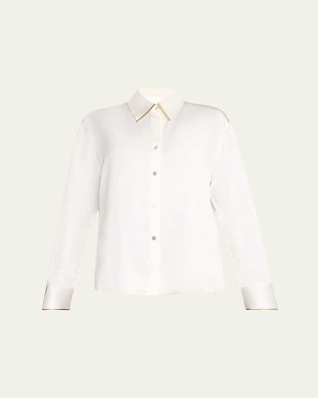 Tipped Slim Long-Sleeve Silk Blous