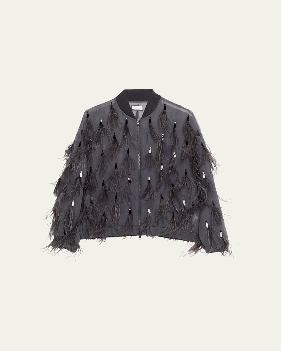 Crispy Silk Organza Bomber Jacket with Feather and Shiny Embroidery