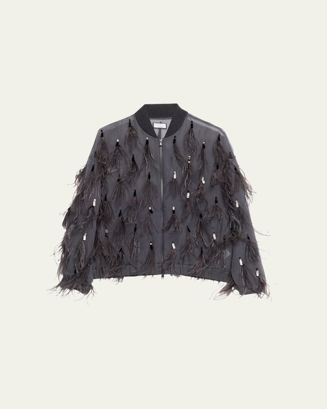 Crispy Silk Organza Bomber Jacket with Feather and Shiny Embroidery