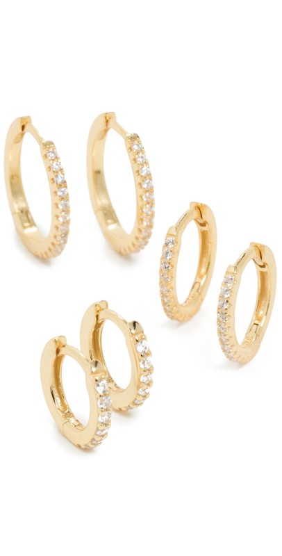 SHASHI Triples Pave Hoop Earrings Set Gold