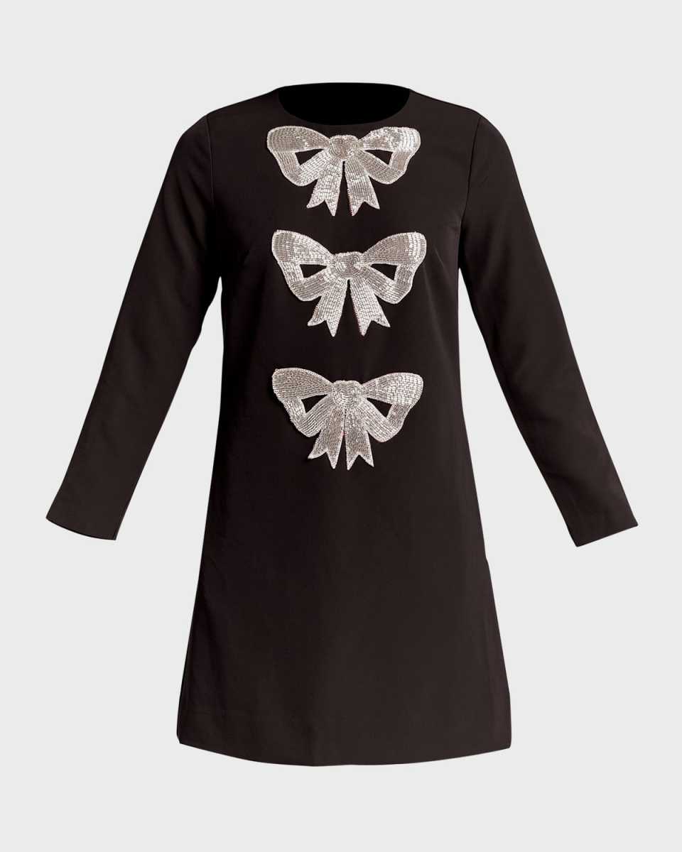 Beaded Bow Long-Sleeve Stretch Crepe Mini Dress