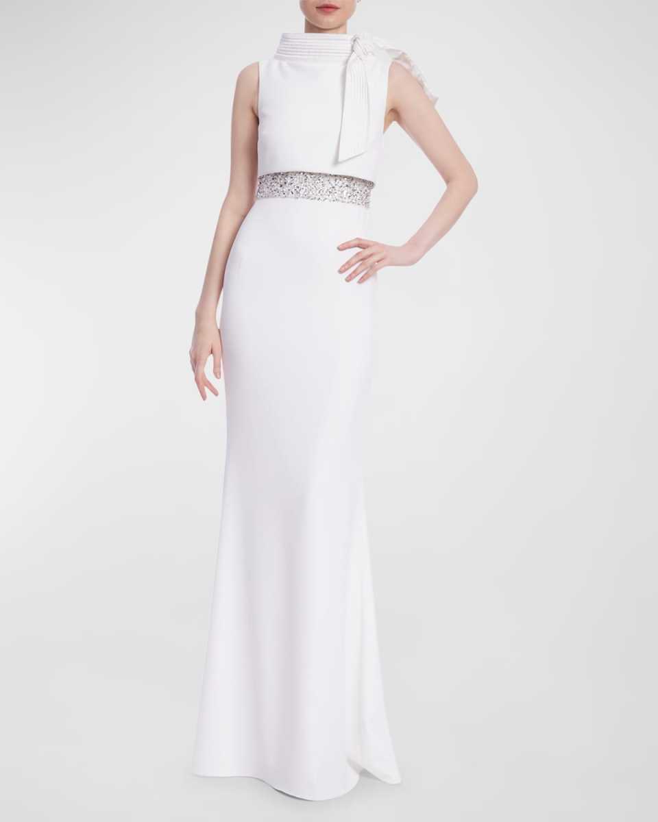 Funnel-Neck Embellished Column Gown