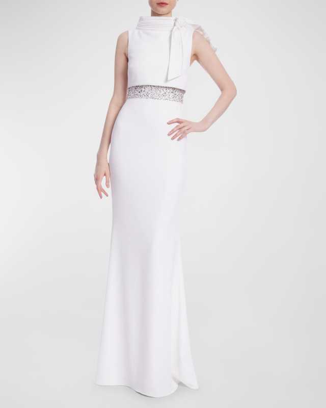 Funnel-Neck Embellished Column Gown