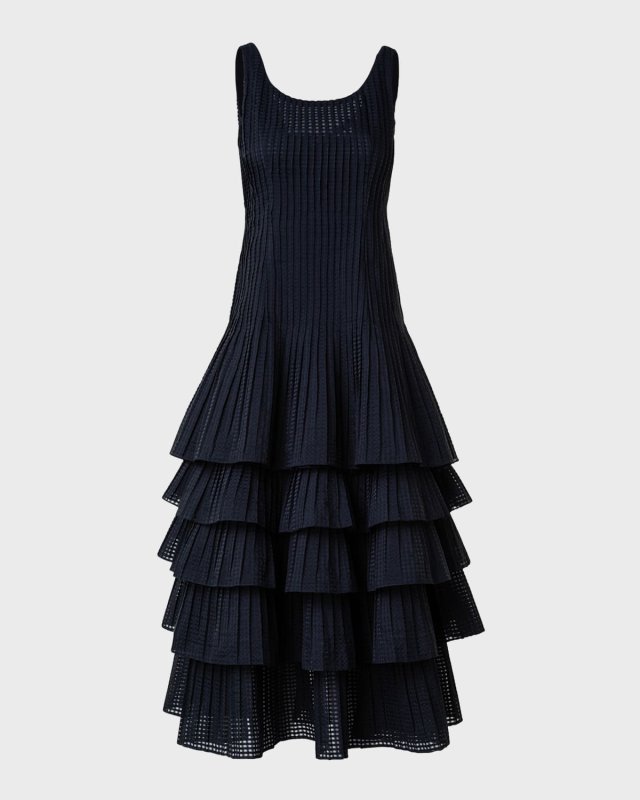 Organza Grid Midi Dress with Plisse Layer Skirt