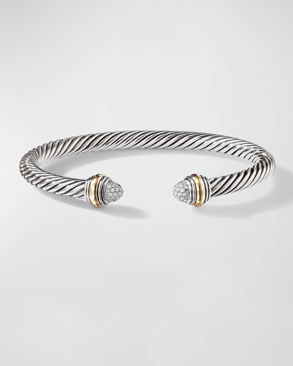 Cable Bracelet with Diamonds and 14K Gold in Silver, 5mm