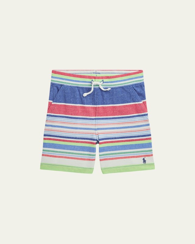 Boy's Multicolor Striped Embroidered Mesh Shorts, Size S-