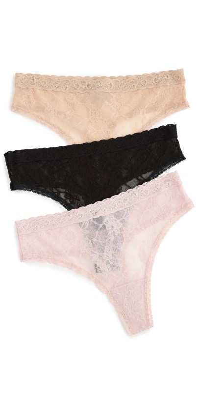 Natori Bliss Allure One Size Lace Thong 3-Pack Black/Cafe/Rose Beig
