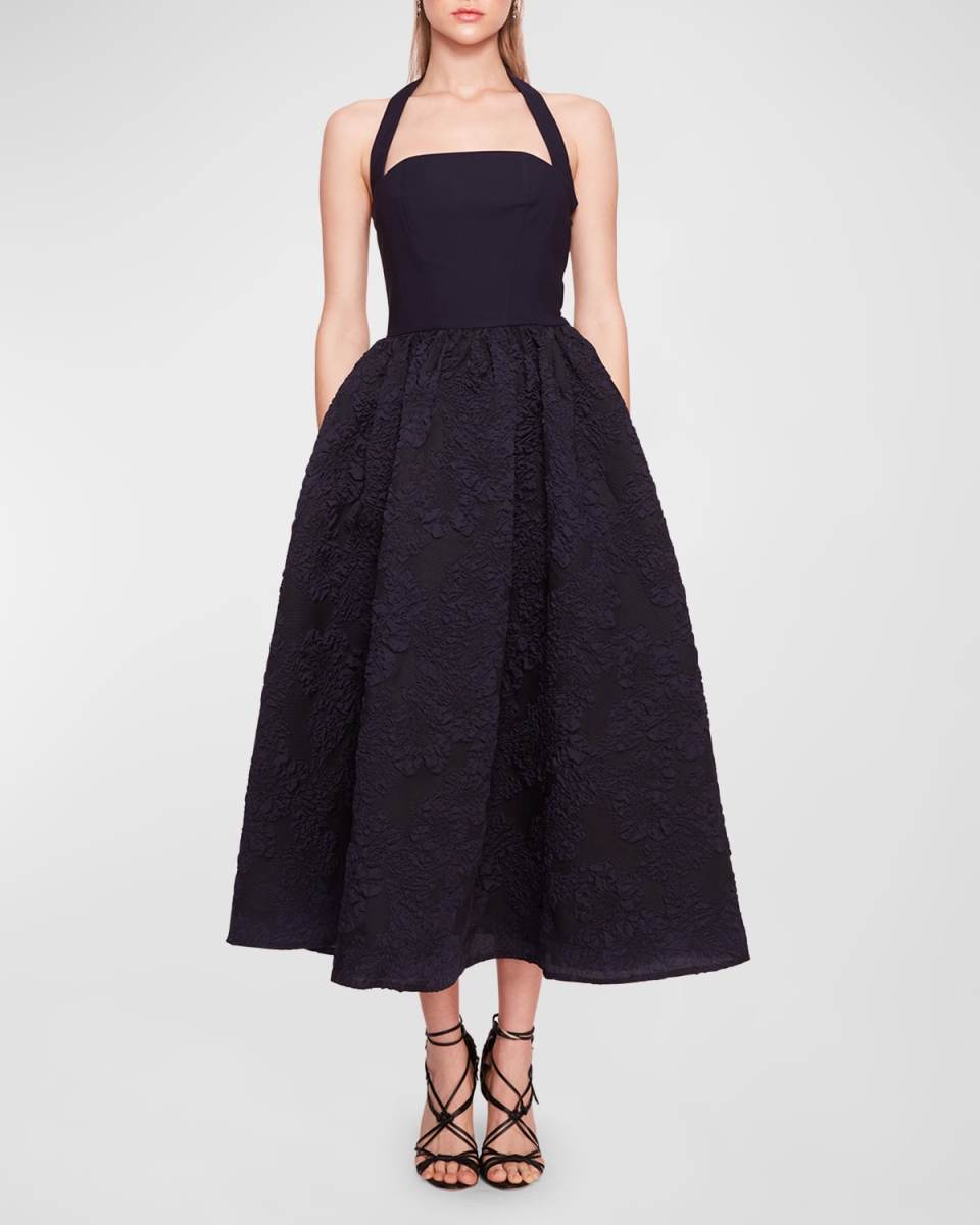 Sleeveless Jacquard & Crepe Halter Midi Dress
