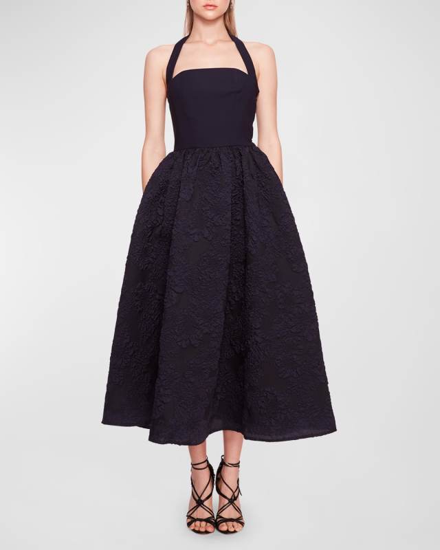 Sleeveless Jacquard & Crepe Halter Midi Dress