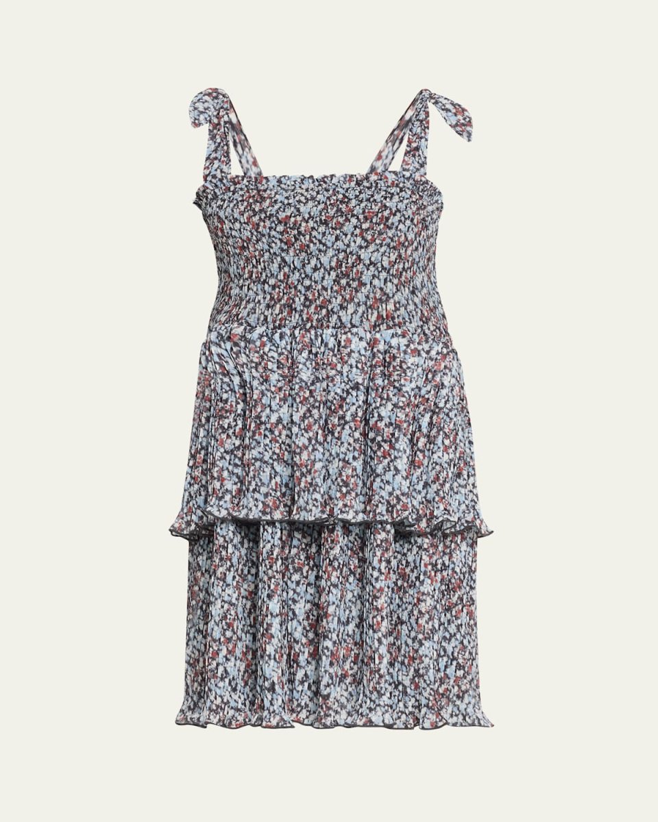 Pleated Georgette Tie-Shoulder Smock Mini Dress