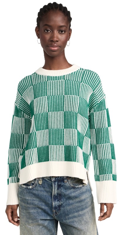 La Ligne Plaited Checker Board Crew Pullover Ivory/Kelly Green