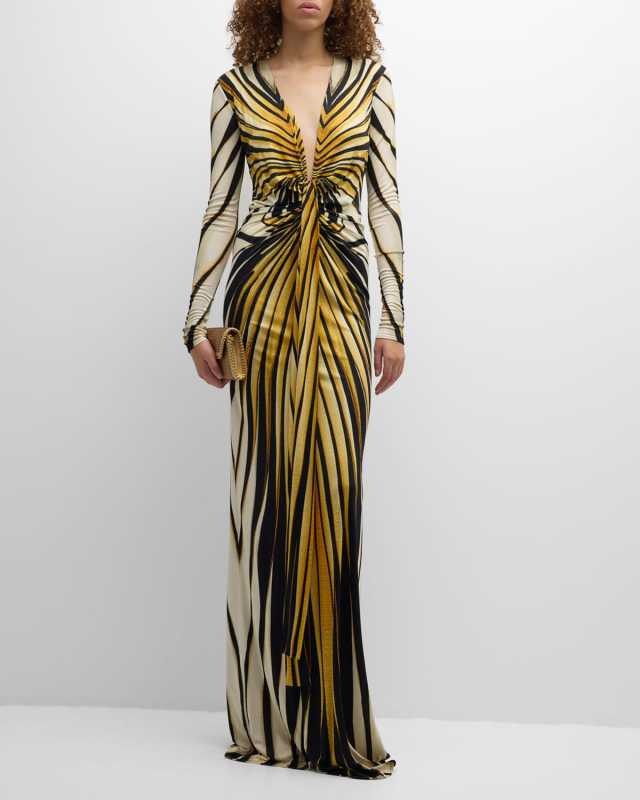 Long Printed Knot-Front Gown