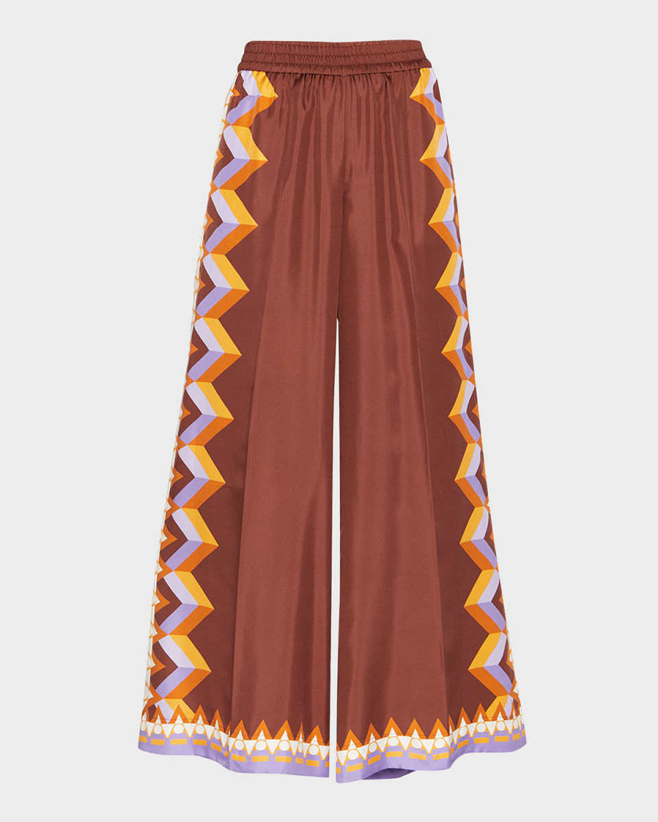 Abstract Foulard-Print Wide-Leg Silk Palazzo Pants