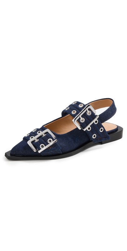 GANNI Buckle Ballerina Denim Sandals Dark Navy