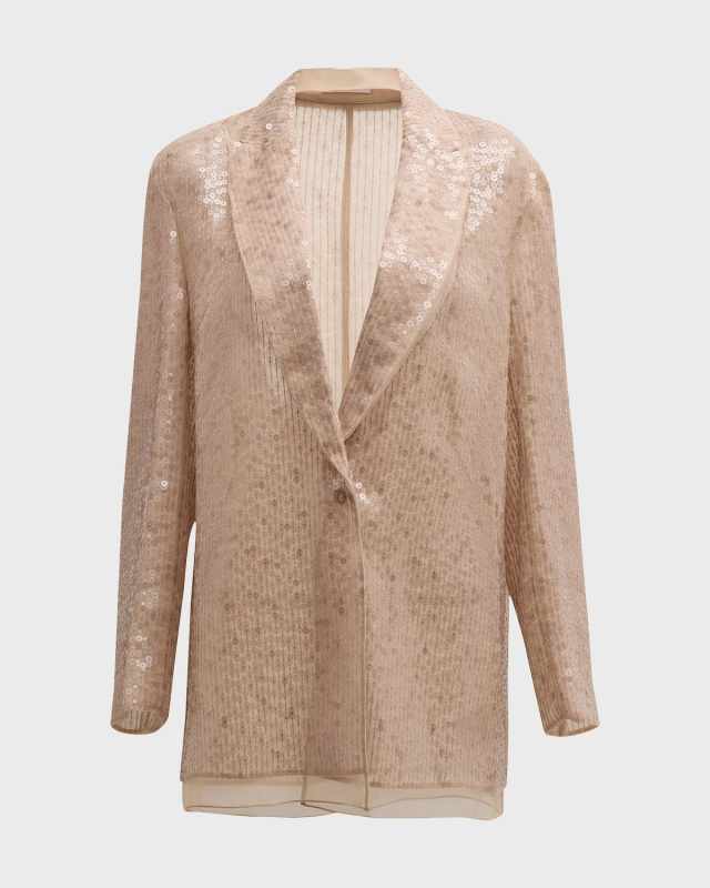 Crispy Silk Single-Breasted Paillette Blazer Jacket