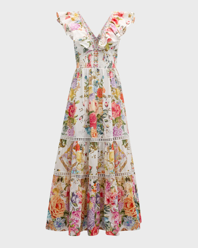 Tiered Cotton Maxi Dress with Neck Frill