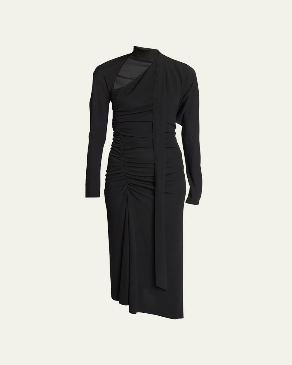 Slash-Neck Ruched Asymmetric Midi Dress