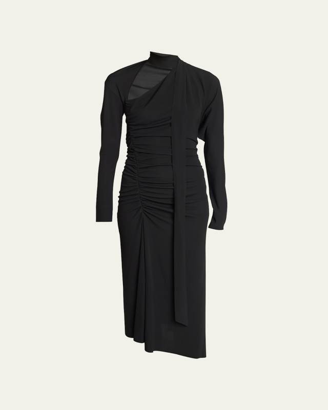 Slash-Neck Ruched Asymmetric Midi Dress