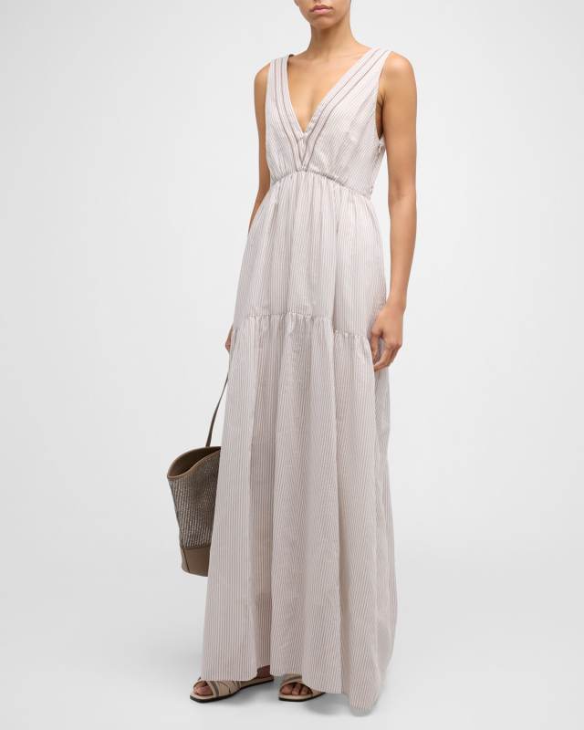 Cotton Silk Striped Maxi Dress with Ruffled Waist and Monili Detail