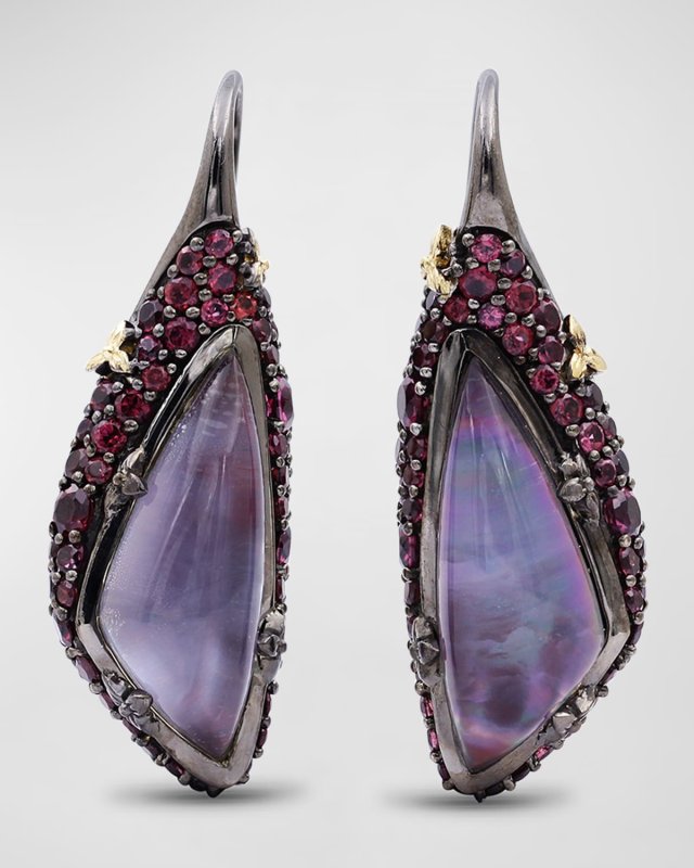 Quartz and Mother-of-Pearl Earrings in Blackened Sterling Silver with 18K Gold Flowers