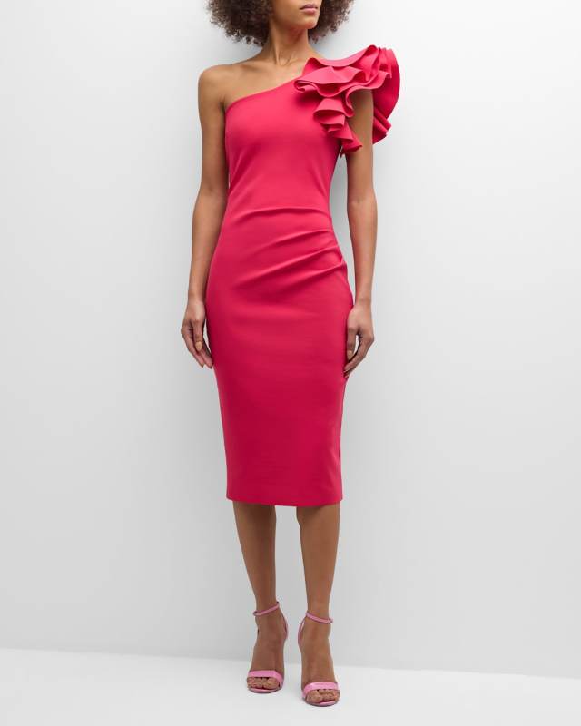 One-Shoulder Bodycon Ruffle Midi Dress