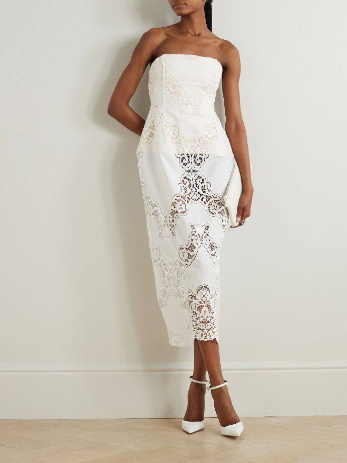 MAGDA BUTRYM Strapless guipure-lace trimmed cotton-blend midi dress