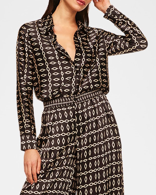 Celine Collared Geo-Print Satin Top