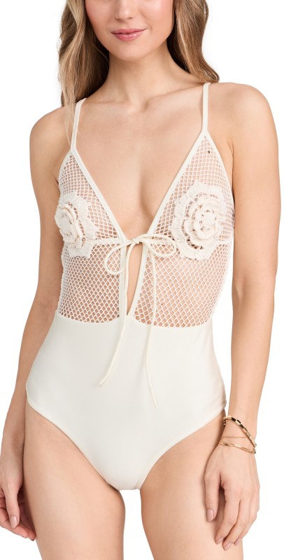 PatBO Floral Crochet One Piece Ivory