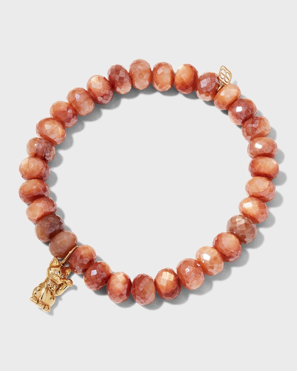 7mm Mystic Brown Moonstone Beaded Bracelet with Lucky Cat Charm
