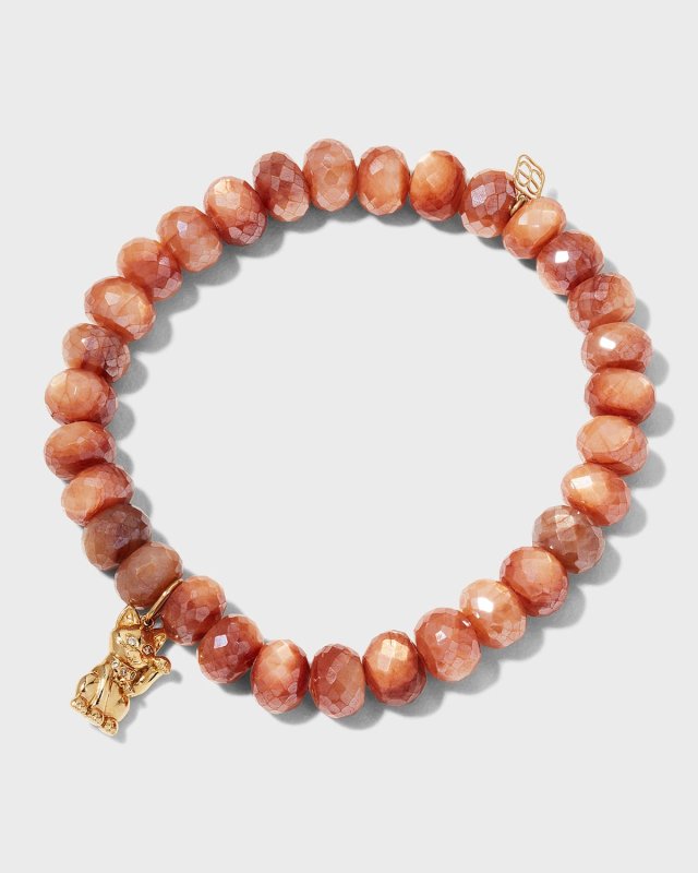 7mm Mystic Brown Moonstone Beaded Bracelet with Lucky Cat Charm