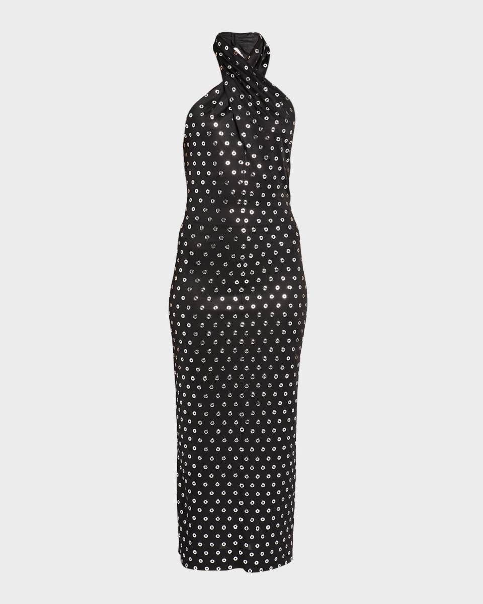 Grommet Eyelet Crossover Halter Maxi Dress