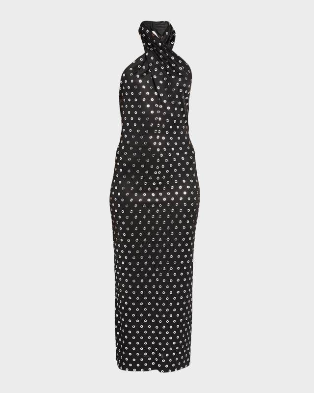 Grommet Eyelet Crossover Halter Maxi Dress